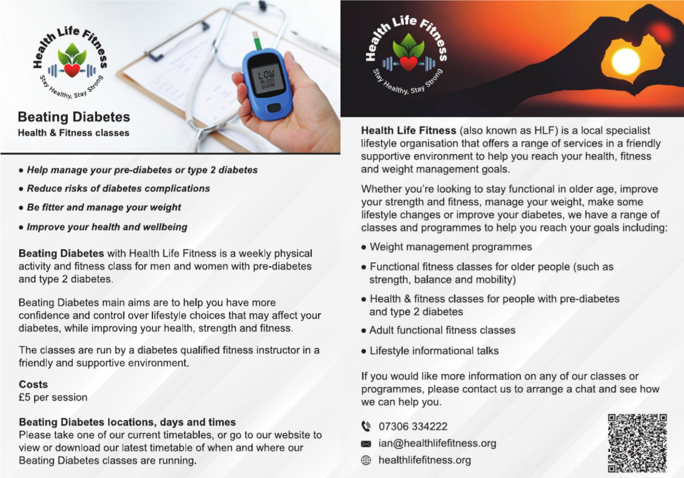 HLF - Beating Diabetes fitness class leaflet